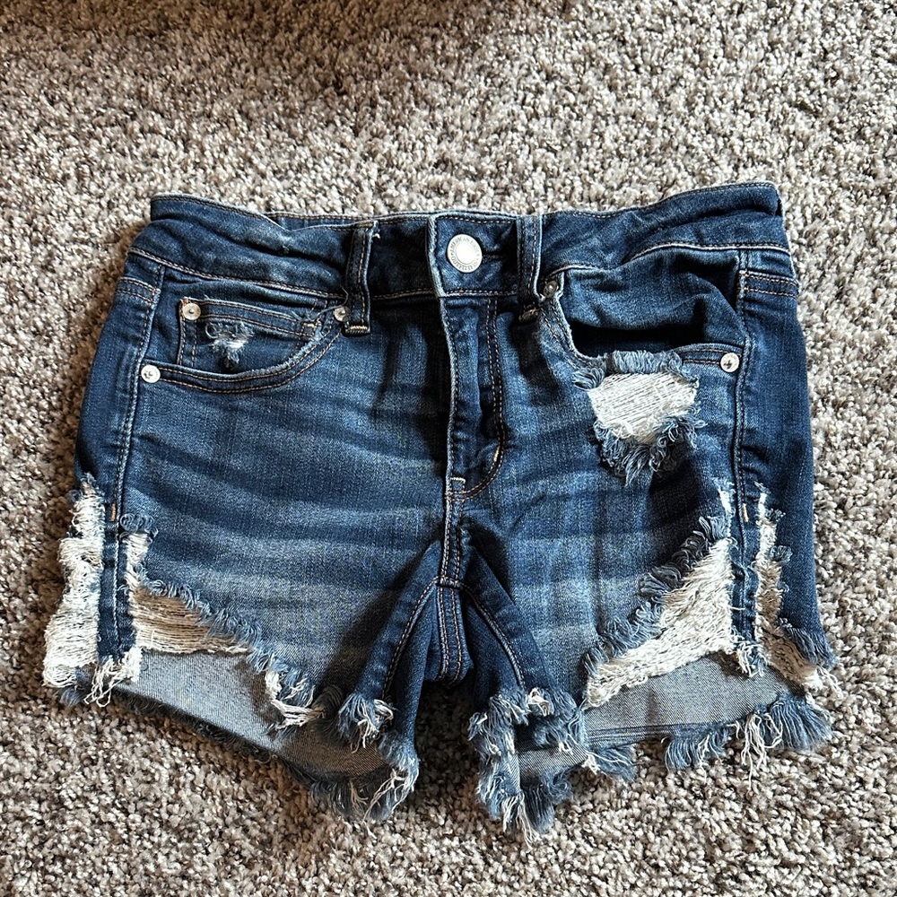 American Eagle Outfitters Dark Blue Distressed Frayed Hem Jean Shorts